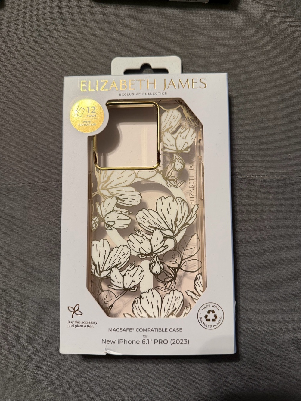 Elizabeth and James Clear Floral MagSafe Case with White Flowers and Gold Trim